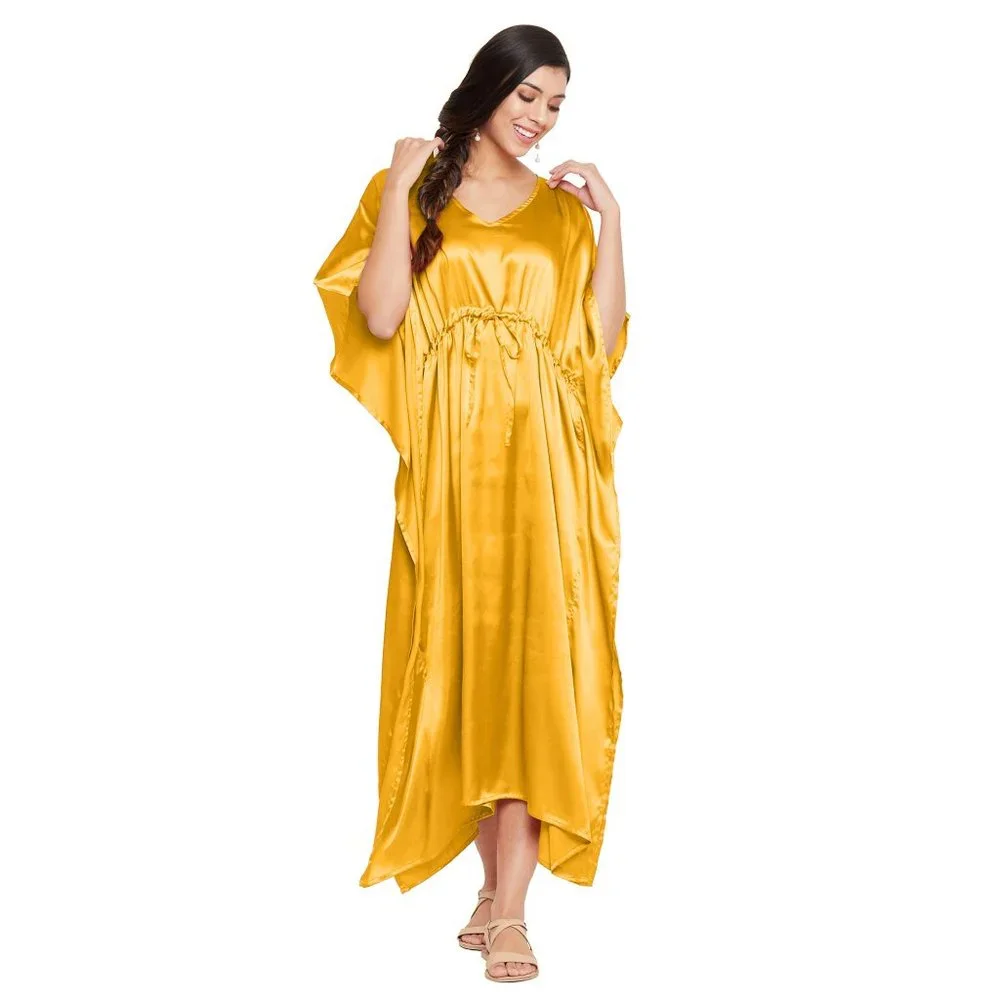Women Plus Size Fit and Flare Yellow Kaftan Solid Maxi Dress by Gypsie Blu_2